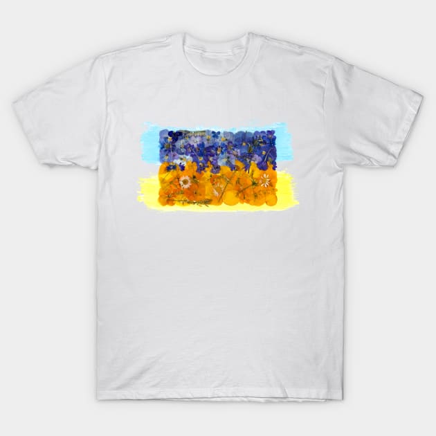 Ukrainian flag made from pressed dried flowers from the Kiev region. T-Shirt by Tata Kreminska